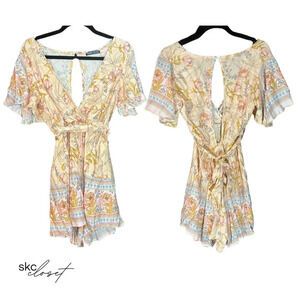 SHEIN VCAY Floral Belted Romper with Flounce Sleeves, Small